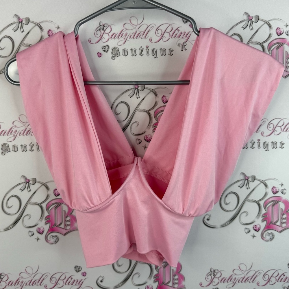 Crop tank top cross style cupped wire light Pink V-Neck Sleeveless Women's Top